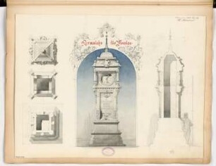Normaluhr, Breslau Monatskonkurrenz November 1883: 2 Grundrisse, Dachaufsicht, Vertikalschnitt, Aufriss Vorderansicht; Maßstabsleiste