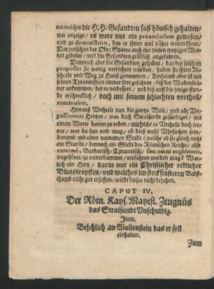 Caput IV. Der Röm. Kays. Mayest. Zeugnüs das Stralsundt Unschuldig.