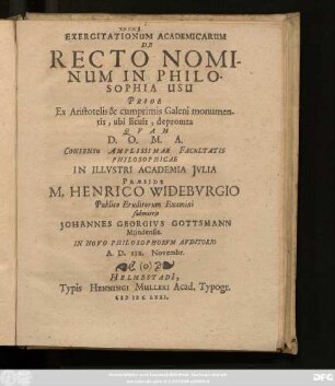 Exercitationum Academicarum De Recto Nominum In Philosophia Usu Prior : Ex Aristotelis & cumprimis Galeni monumentis, ubi licuit, depromta