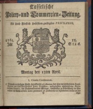 15. Stueck, Montag den 13ten April 1761