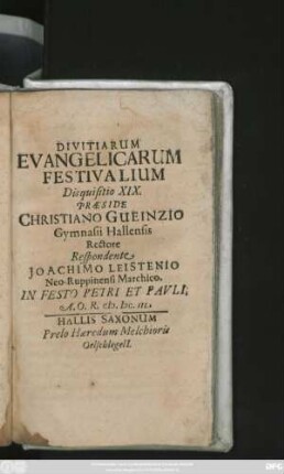 Divitiarum Evangelicarum Festivalium Disquisitio XIX.