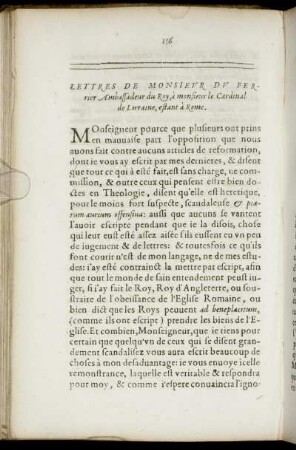 Lettres De Monsieur Du Ferrier Ambassadeur du Roy, à monsieur le Cardinal de Lorraine, estant à Rome