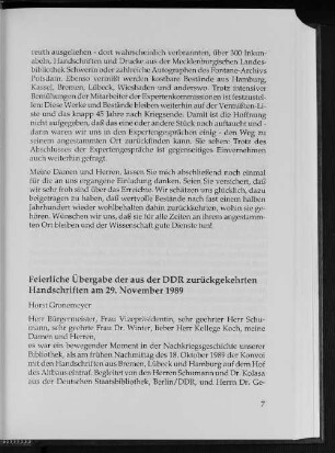 Feierlich Übergabe der aus der DDR zurückgekehrten Handschriften am 29. November 1989
