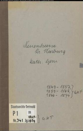 Kirchenbuchduplikate der katholischen Gemeinde Neuenheerse, Kreis Warburg (GHT 1849-1857, 1859-1864, 1866-1874 ) (Gemeinde: Katholische Gemeinde Neuenheerse)