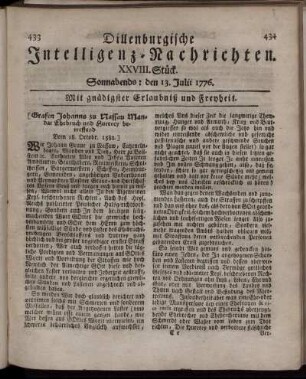XVIII. Stück: Sonnabends: den 13. Julii 1776