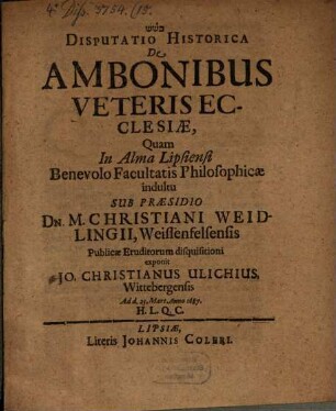 Disputatio Historica De Ambonibus Veteris Ecclesiae