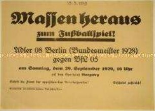 Aufruf der oppositionellen Arbeitersportler zum Fußballspiel der Begegnung Adler 08 Berlin gegen VfL 05 in Hamburg-Altona im September 1929