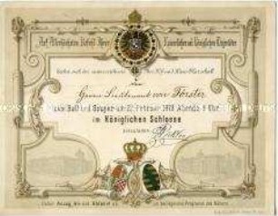 Einladung für Leutnant Sigismund von Förster zum Ball und Souper im Königlichen Schloss zu Berlin am 22. Februar 1878