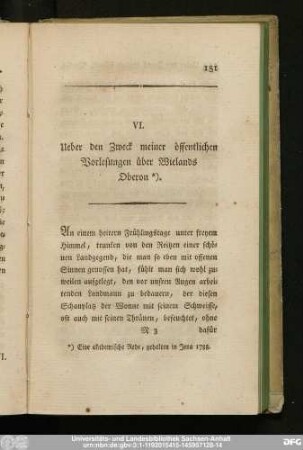 VI. Ueber den Zweck meiner öffentlichen Vorlesungen über Wielands Oberon.