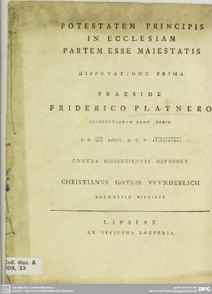 Potestatem Principis In Ecclesiam Partem Esse Maiestatis : Disputatione Prima
