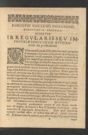 Rodolphi Goclenii Philosophi Disputatio Secunda.
