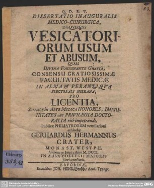 Dissertatio Inauguralis Medico-Chirurgia, Disquirens Vesicatoriorum Usum Et Abusum