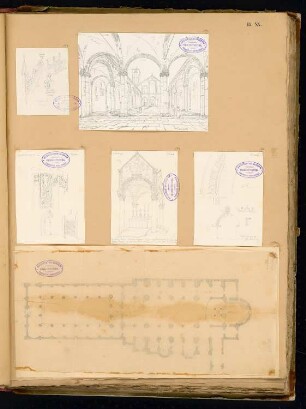Skizzenbuch der italienischen Reise: Bl. 20: Mailand. 6 Skizzen: Sant’Ambrogio (Grundriss, perspektivische Ansicht Innenraum, Details), Dom, Ospedale Maggiore (Details)