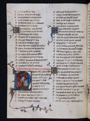 Deckfarbeninitiale N, historisiert: Narcisus qui se mire en la fontaine