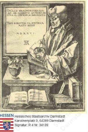 Rotterdam, Erasmus v. (1466/69-1536) / Porträt mit lateinischer Inschrift, in einem Buch schreibend, stehend, Halbfigur