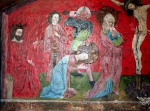 Katharinenaltar (Wandaltar) — Mittelfeld: Kreuzigung Chisti, Enthauptung Katharinas und Noli me tangere