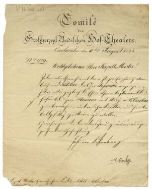 Brief von Joseph von Auffenberg von Grossherzogliches Hoftheater, Karlsruhe an Louis Spohr