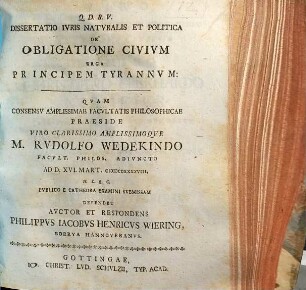 Dissertatio iuris naturalis et politica de obligatione civium erga principem tyrannum