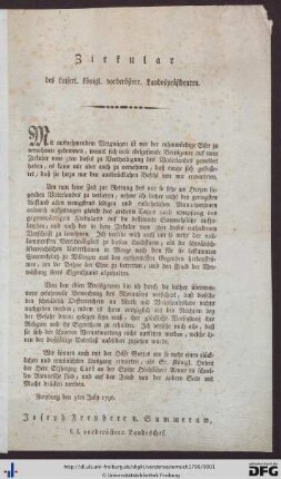 Zirkular des kaiserl. königl. vorderösterr. Landespräsidenten.