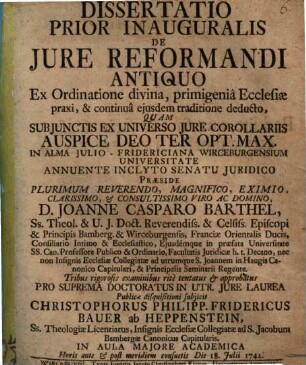 Diss. prior inaug. de iure reformandi antiquo, ex ordinatione divina, primigenia ecclesiae praxi, et continua eiusdem traditione deducto