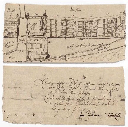 Fahre, Entwurf für ein Lustschloss bei der Herberge (recto), Glaubensbekenntnis von Johannes Finckius (verso)