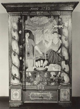 Eintüriger Kleiderschrank mit Darstellung von Jakob und Rahel