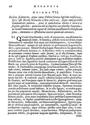 Axioma VII. Civilem societatem, atque omnes Politiæ formas legitime constitutas, Juris esse Divini Naturalis a Deo consecrati: [...]