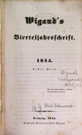 Wigands Vierteljahrsschrift. 1845,1/2, 1845,1/2