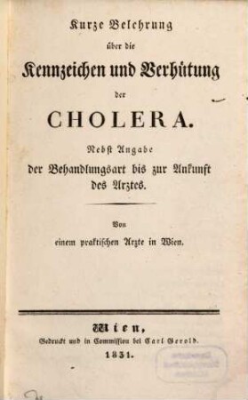 Kurze Belehrung über die Kennzeichen und Verhütung der Cholera