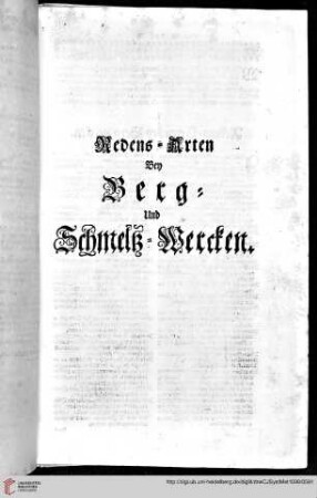 Titelblatt Redens=Arten bey Berg= und Schmeltz=Wercken