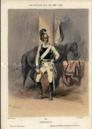 Uniformdarstellung, Kürassier im Pferdestall, Österreich, 1809/1835. Tafel 81 aus: Gerasch: Das Oesterreichische Heer.