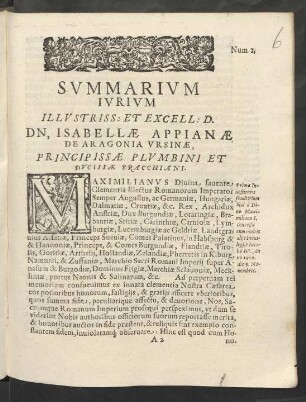 Summarium Iurium Illustriss: Et Excell: D. Dn, Isabellae Appianae De Aragonia ...