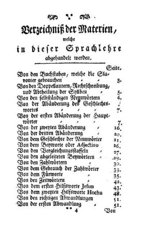 Verzeichniß der Materien, welche in dieser Sprachlehre abgehandelt werden