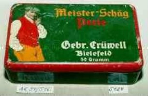 Blechdose für "Meister-Schäg Perle Gebr. Crüwell Bielefeld 50 Gramm"