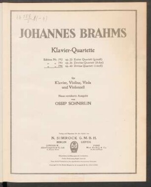 Drittes Quartett (c-Moll) für Klavier, Violine, Viola und Violoncell : op. 60