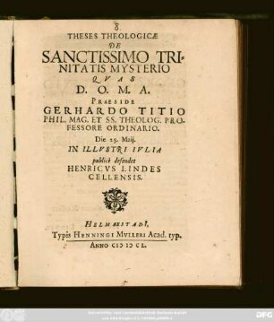 Theses Theologicae De Sanctissimo Trinitatis Mysterio
