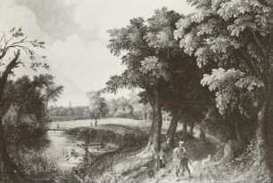 Landschaft mit Fluß und Straße am Waldrand