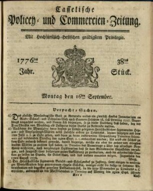 38tes Stueck, Montag den 16ten September 1776
