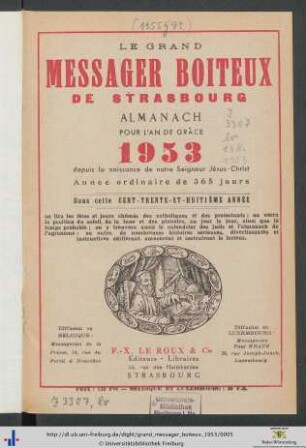 138. Année: Le grand messager boiteux de Strasbourg: Almanach Pour L'An De Grâce 1953