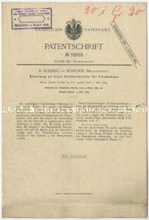 Patentschrift einer Neuerung an einer Kletterweiche für Feldbahnen, Patent-Nr. 32555