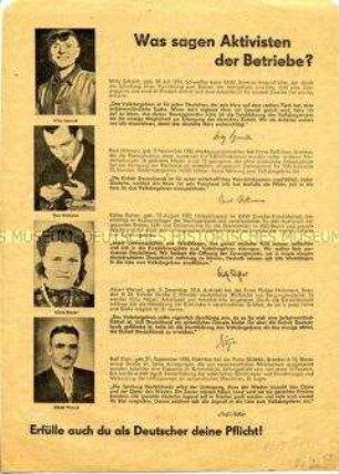 Propagandaflugblatt des Präsidiums des Deutschen Volksrates zur Frage der deutschen Einheit mit Stellungsnahmen von Aktivisten