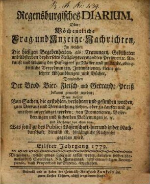 Regensburgisches Diarium oder wöchentliche Frag- und Anzeige-Nachrichten. 1772 = Jg. 11