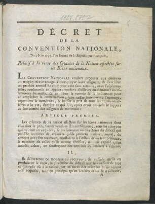 Décret De La Convention Nationale, Du 5 Juin 1793, l'an second de la République Françoise, Relatif à la vente des Créances de la Nation affectées sur les Biens nationaux
