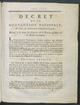 Décret De La Convention Nationale, Du 5 Juin 1793, l'an second de la République Françoise, Relatif à la vente des Créances de la Nation affectées sur les Biens nationaux