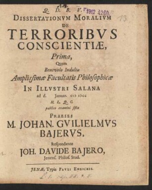 Dissertationum Moralium De Terroribus Conscientiae, Prima