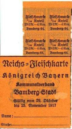 Fleischkarte der Stadt Bamberg mit 4 Marken