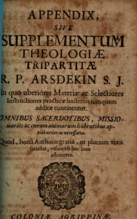 Appendix sive supplementum Theologiae tripartitae