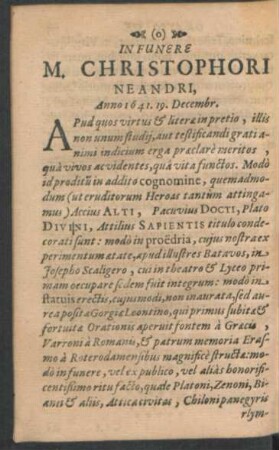 In funere M. Christophori Neandri, Anno 1641. 19. Decembr.