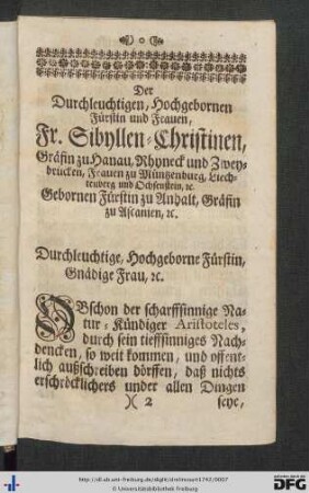 Der Durchleuchtigen, Hochgebornen Fürstin und Frauen, Fr. Sibyllen-Christinen ...