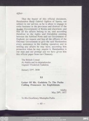 XI Letter Of Mr. Gadaleta To The Pasha Calling Francesco An Englishman.